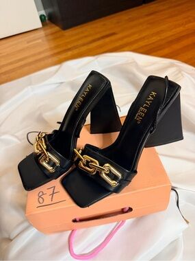 Kayleen Black Heeled Sandals with Gold Chain Accent